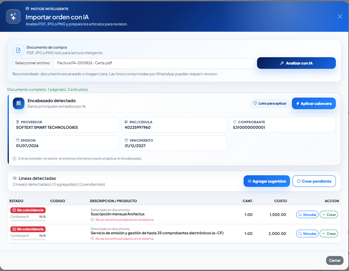 Importación de órdenes de compra con inteligencia artificial en Arofactus
