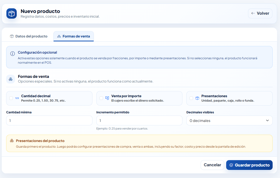 Configuración de cantidad decimal, venta por importe y presentaciones en Arofactus